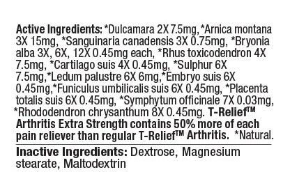 T-Relief Arth XS 250ct Tablet Ingredients Panel
